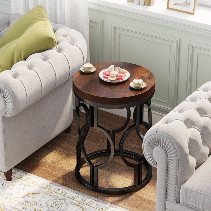 Round End Table, Industrial Side Table with Metal Hollow Frame - Image 3