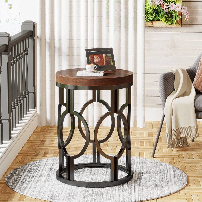 Round End Table, Industrial Side Table with Metal Hollow Frame - Image 4