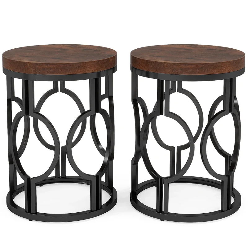 Round End Table, Industrial Side Table with Metal Hollow Frame - Image 7