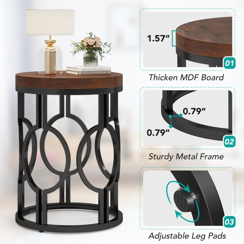 Round End Table, Industrial Side Table with Metal Hollow Frame - Image 8