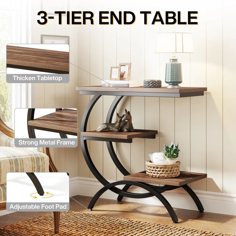 C-Shaped End Table, Industrial 3-Tier Side Table for Small Space - Image 2