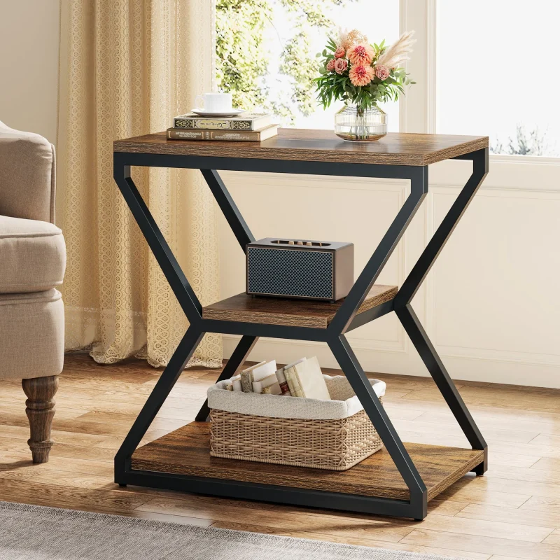 Industrial End Table, 3-Tier Sofa Side Table Bedside Table