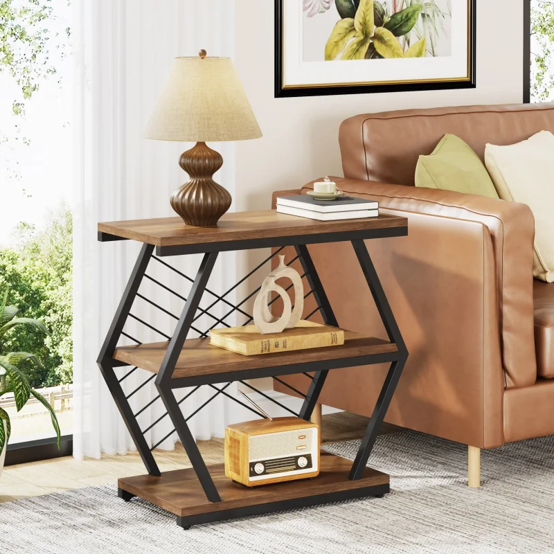 Industrial End Table Side Table with 3 Storage Shelves & Metal Frame - Image 3