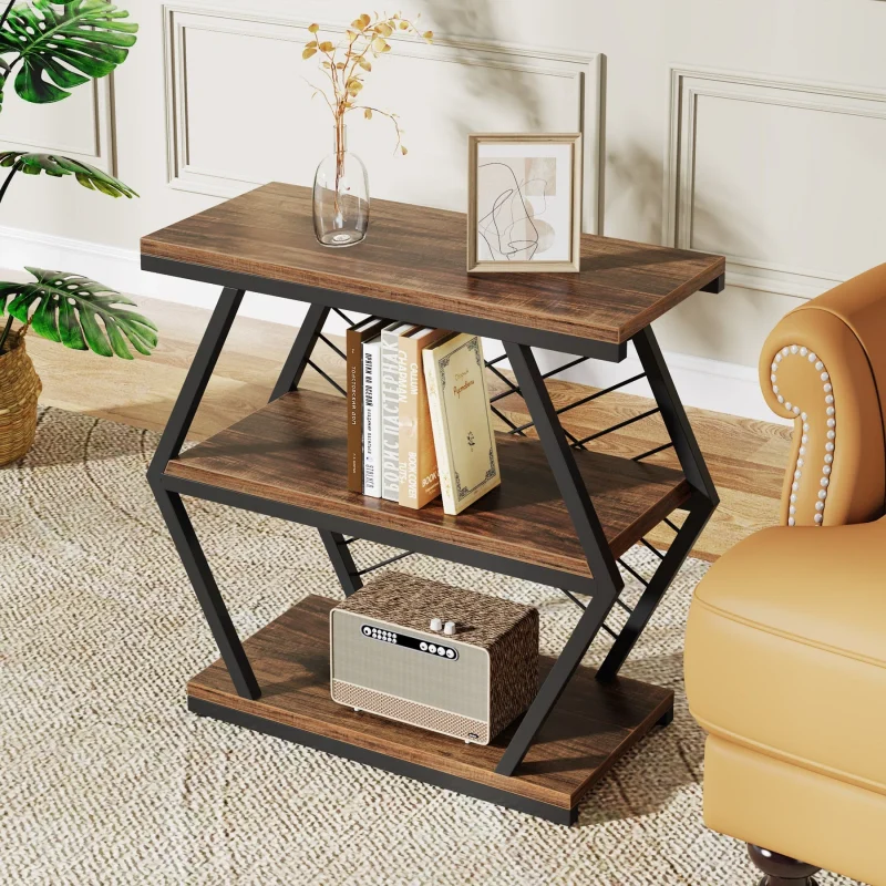 Industrial End Table Side Table with 3 Storage Shelves & Metal Frame