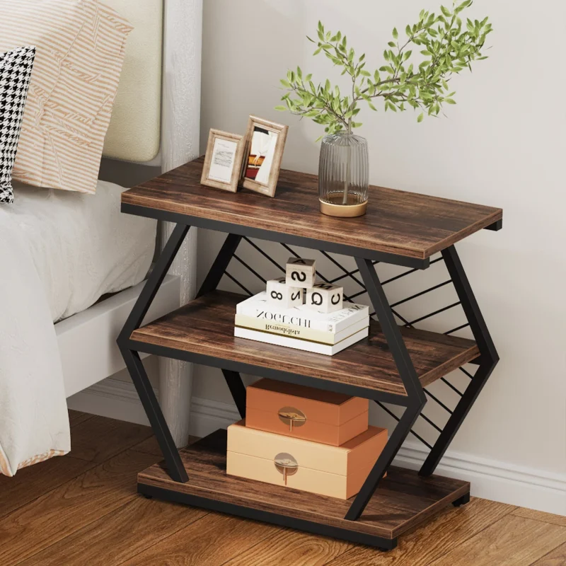 Industrial End Table Side Table with 3 Storage Shelves & Metal Frame - Image 5