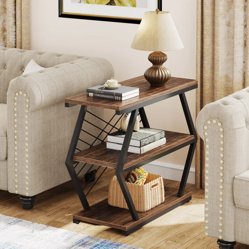 Industrial End Table Side Table with 3 Storage Shelves & Metal Frame - Image 7