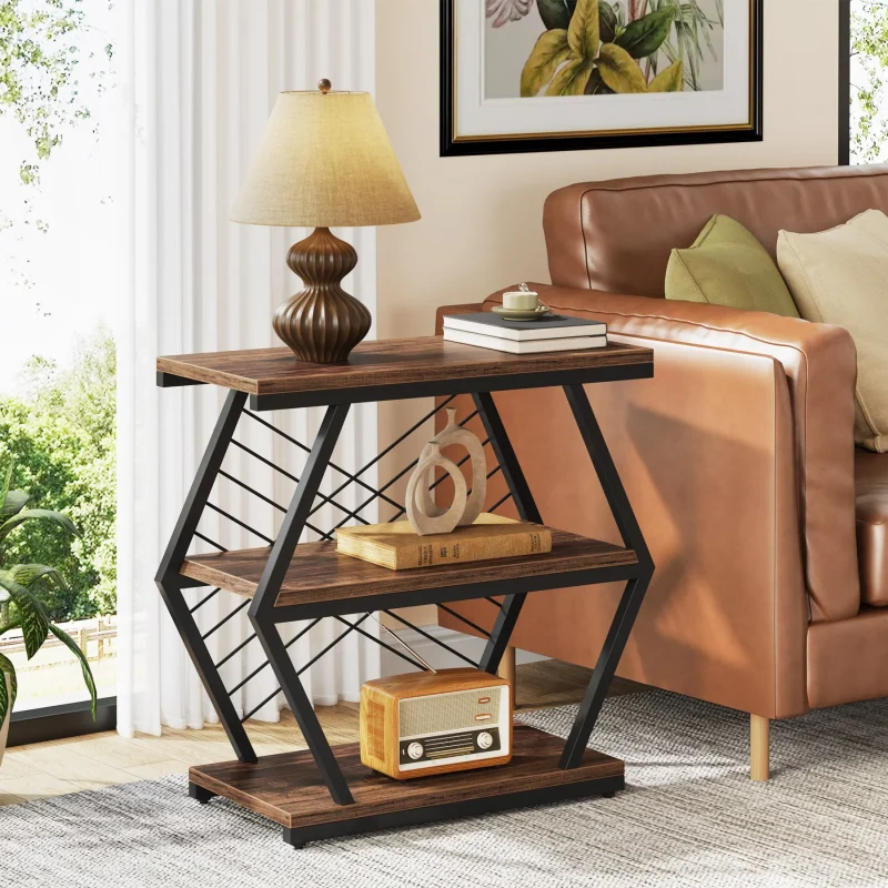 Industrial End Table Side Table with 3 Storage Shelves & Metal Frame - Image 8