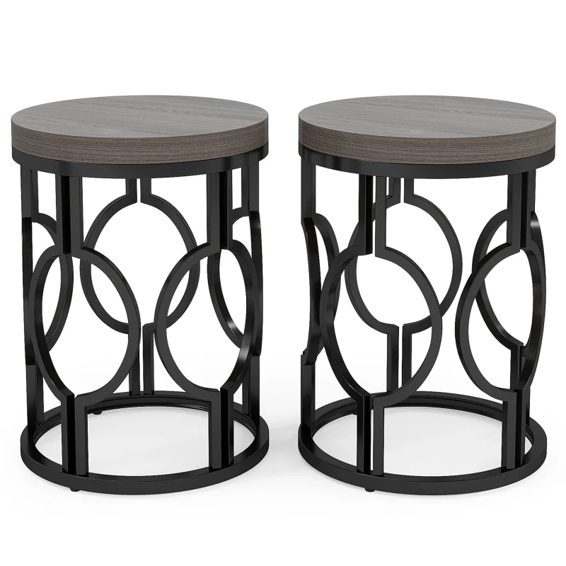 Round End Table, Industrial Side Table with Metal Hollow Frame - Image 11