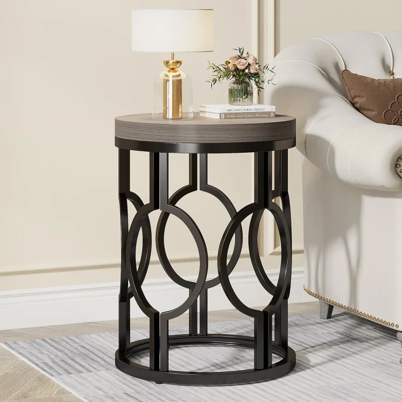 Round End Table, Industrial Side Table with Metal Hollow Frame - Image 12