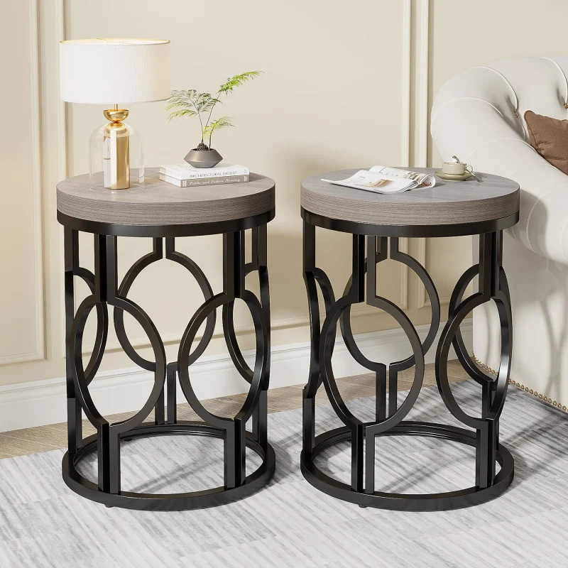 Round End Table, Industrial Side Table with Metal Hollow Frame - Image 13