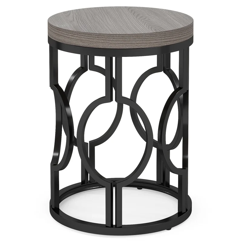 Round End Table, Industrial Side Table with Metal Hollow Frame - Image 14