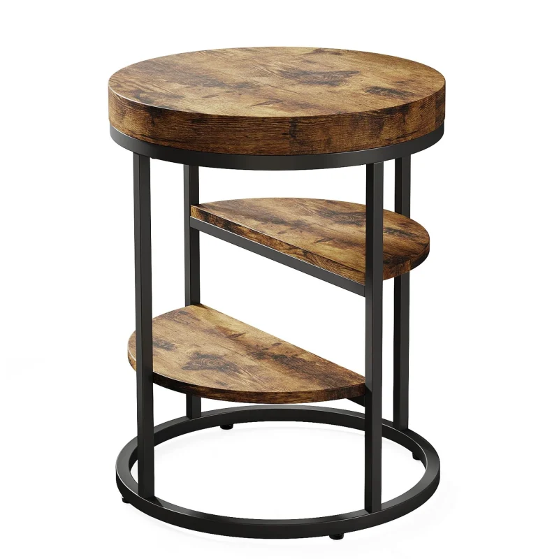 Round End Table, Small Side Table Nightstand with 3-Tier Shelves - Image 2