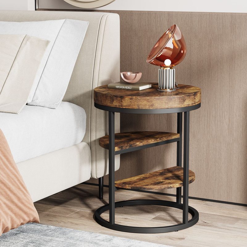 Round End Table, Small Side Table Nightstand with 3-Tier Shelves - Image 3