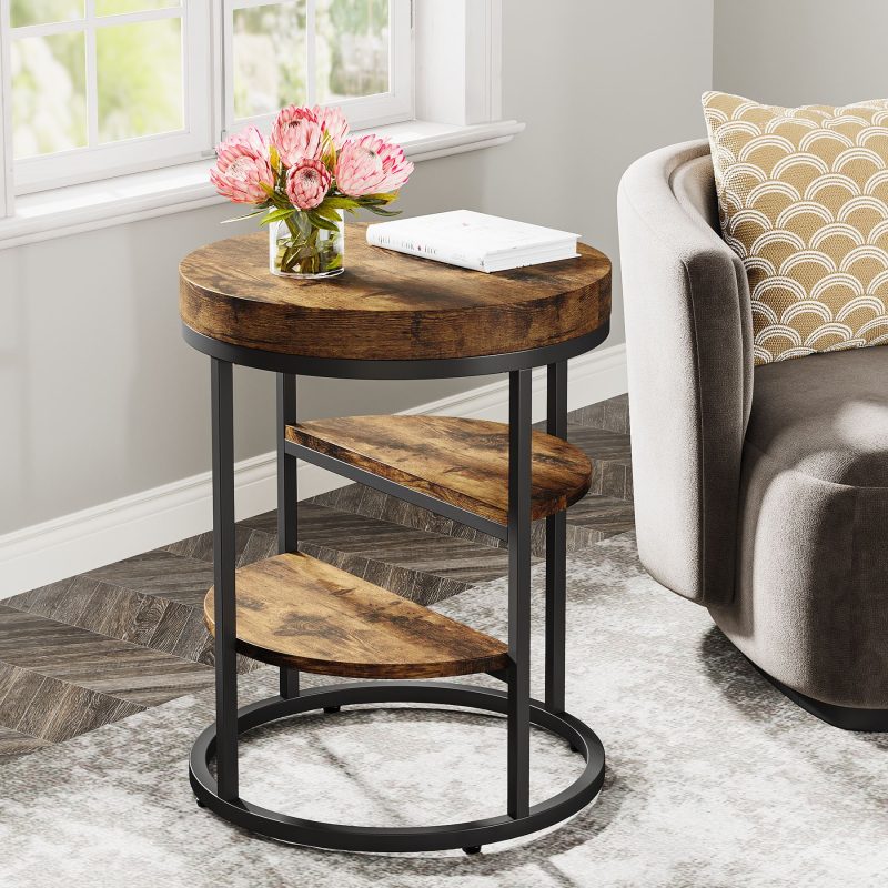 Round End Table, Small Side Table Nightstand with 3-Tier Shelves - Image 4