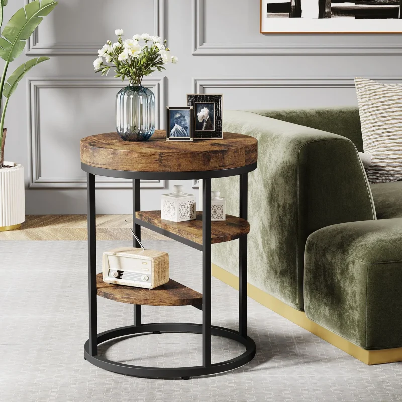 Round End Table, Small Side Table Nightstand with 3-Tier Shelves