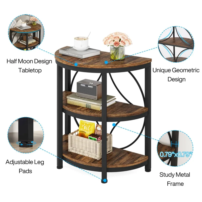 Half-Round End Table, 3-Tier Narrow Side Table with Metal Frame - Image 7