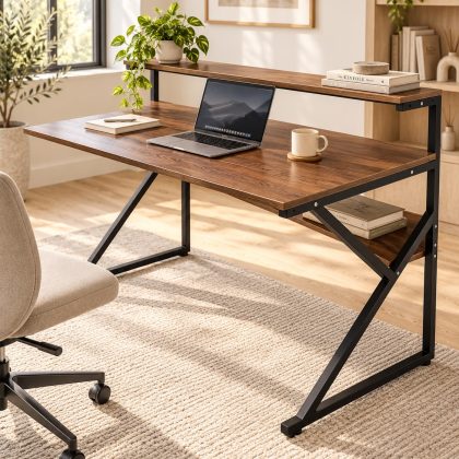 Simple Computer Desk with Monitor Stand and Shelf