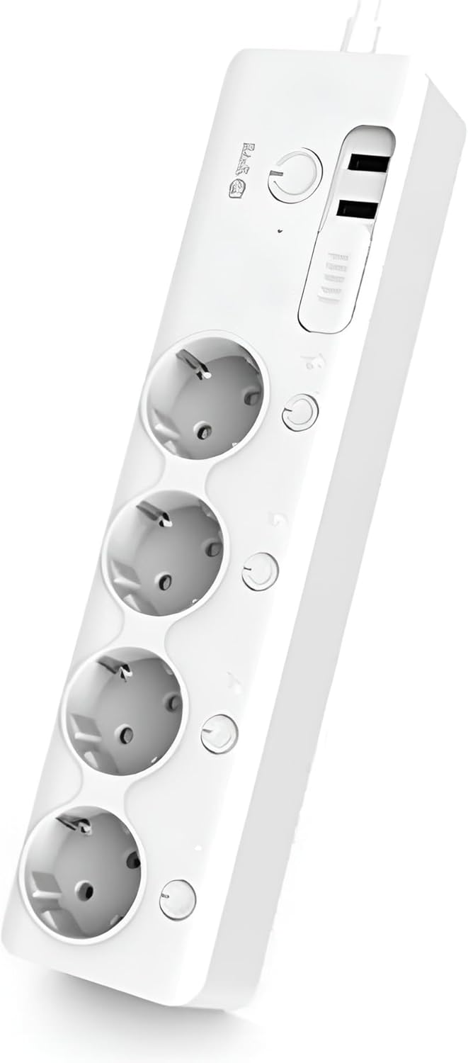 Power Strip with 4 EU Ports + 2 USB Ports, 220V, 60Hz, Overload Protection - White